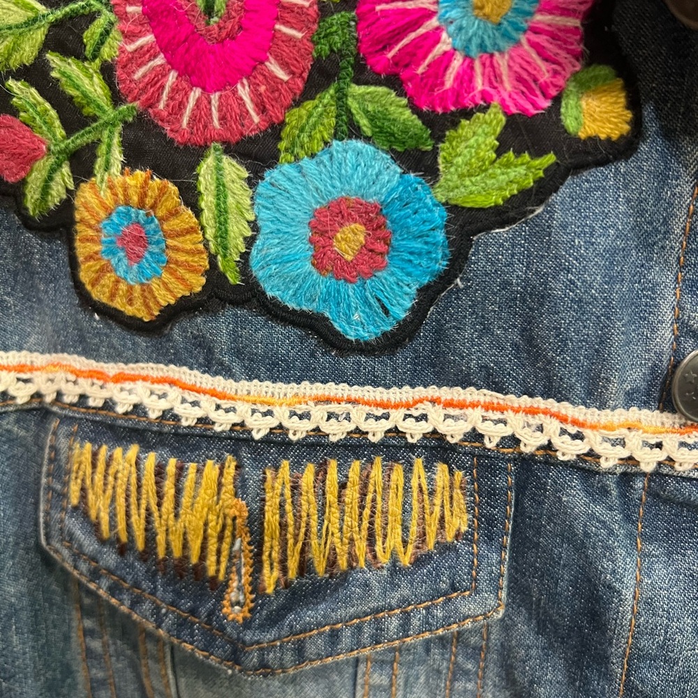 C&A Custom Boho Denim Jacket Embroidered Western Donkey Patch One of a Kind - Picture 3 of 11